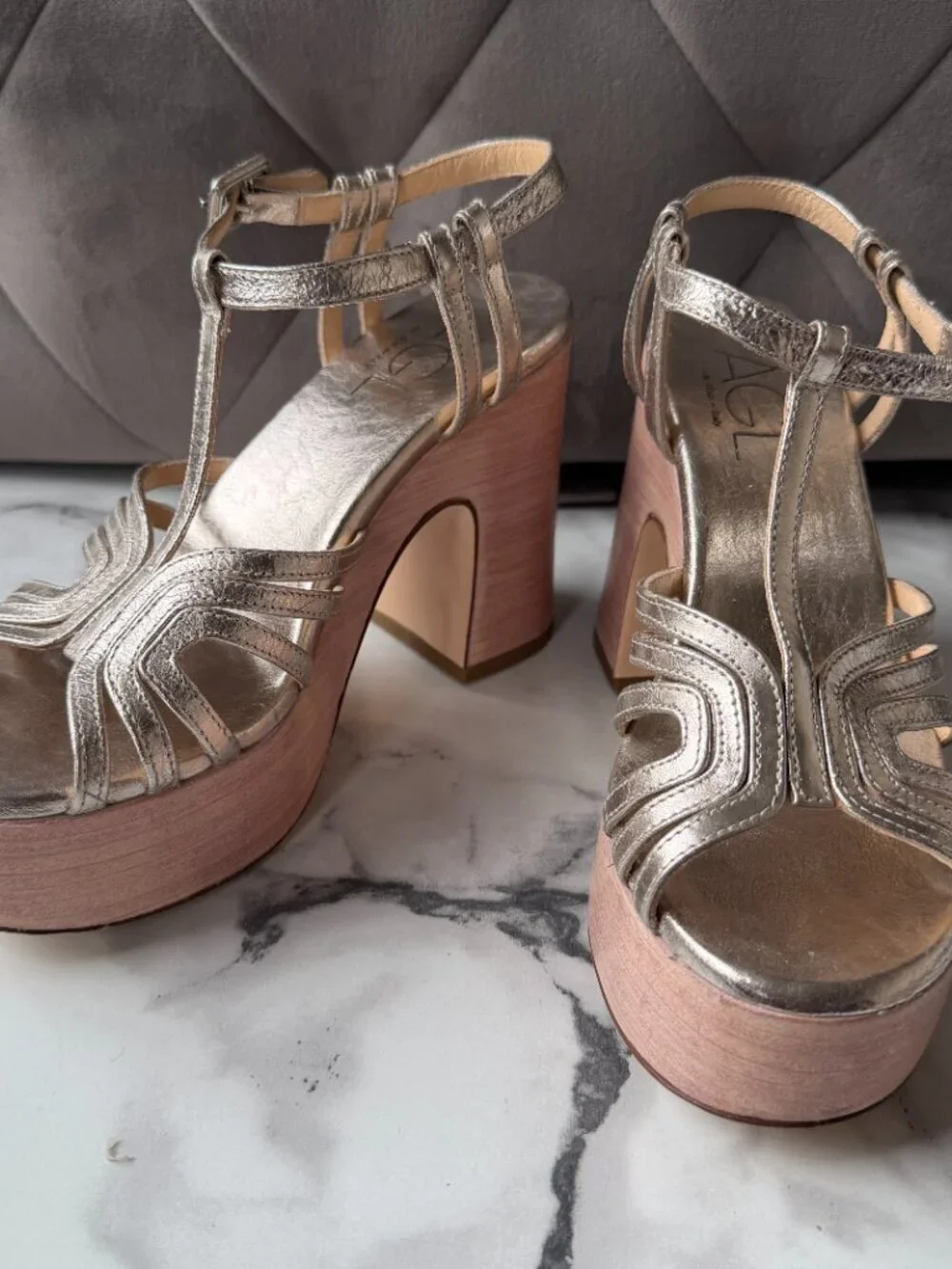 AGL Gold Leather Platform T-Strap Sandals Size EU 36.5